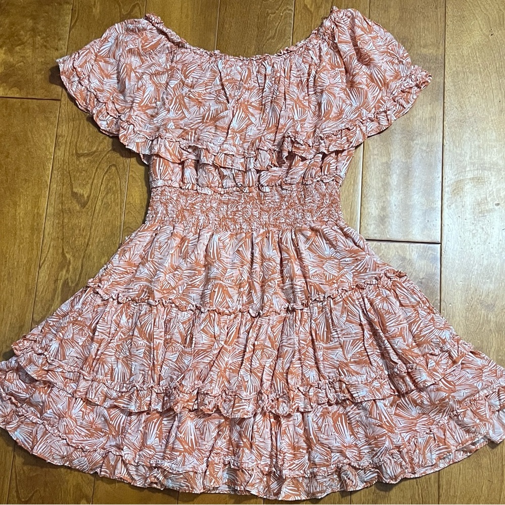 Forever 21 Off Shoulder Mini Dress Size Large Coral Floral Smocked Boho Beach - Picture 8 of 10